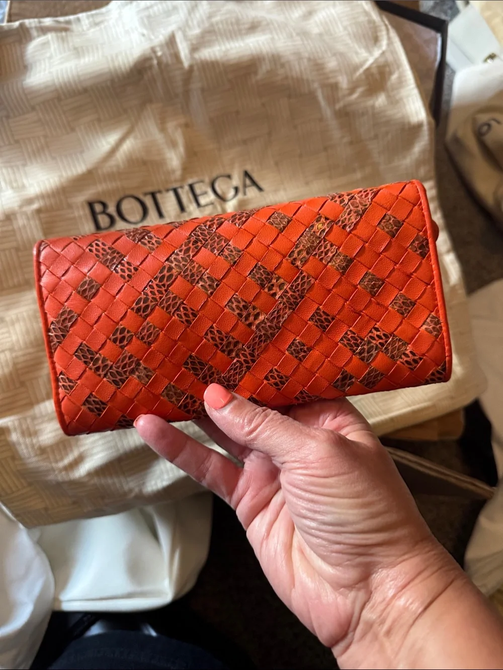 Bottega Veneta Orange Woven Leather Flap Wallet with Python Accents